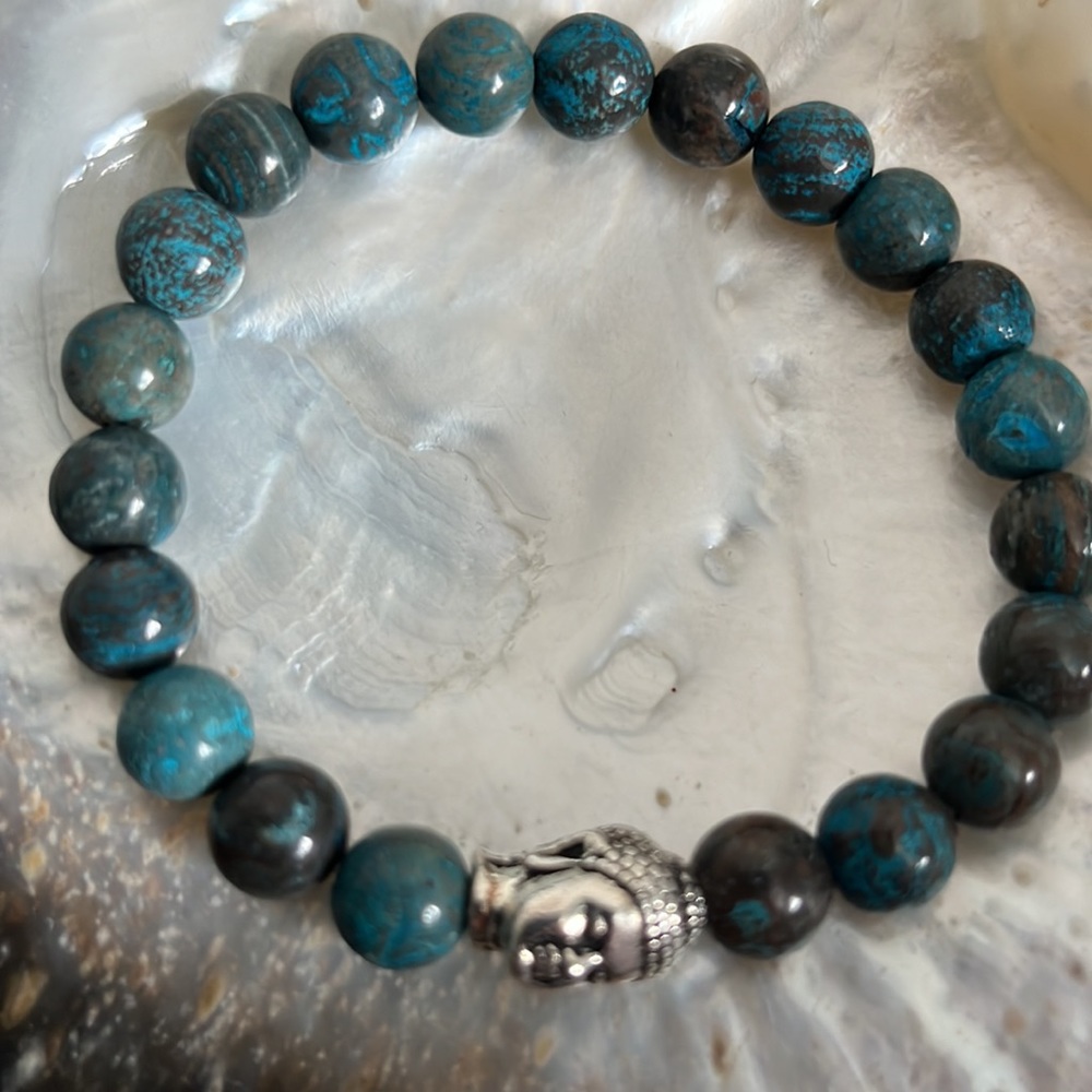 Brand new natural 8mm Blue Sky Jasper Buddha Reiki Handmade stretch bracelet